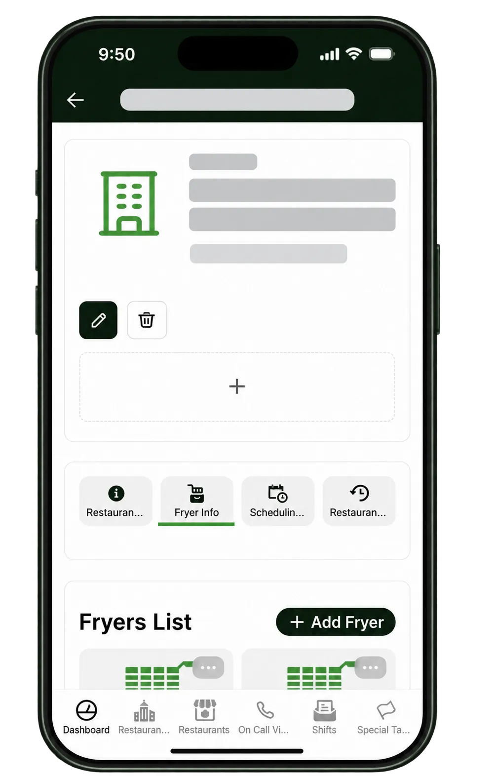 U.S. Oil mobile workflow: fryer records, scheduling and service history; identifying details removed