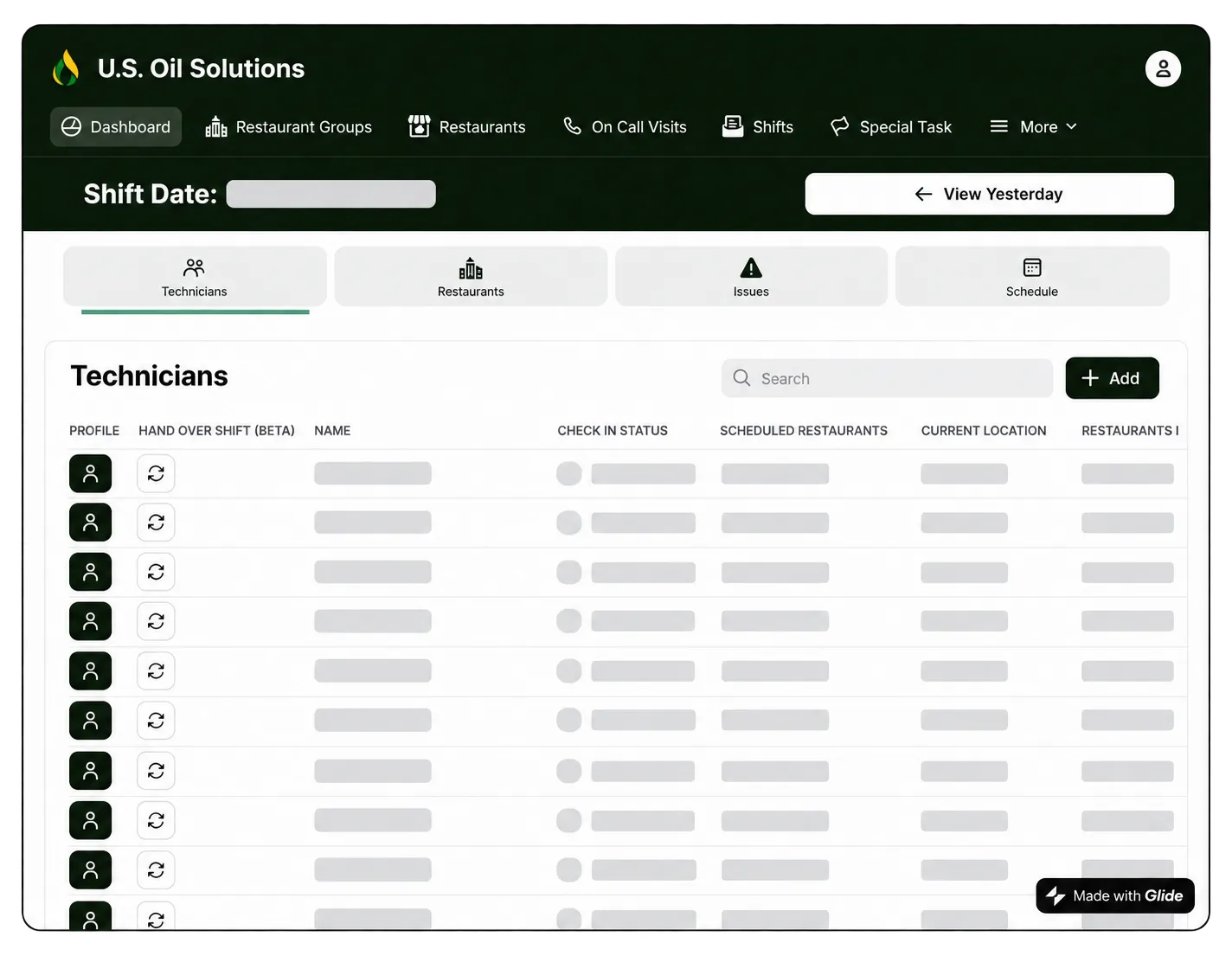 U.S. Oil supervisor dashboard: technician assignments and check-in oversight; identifying details removed