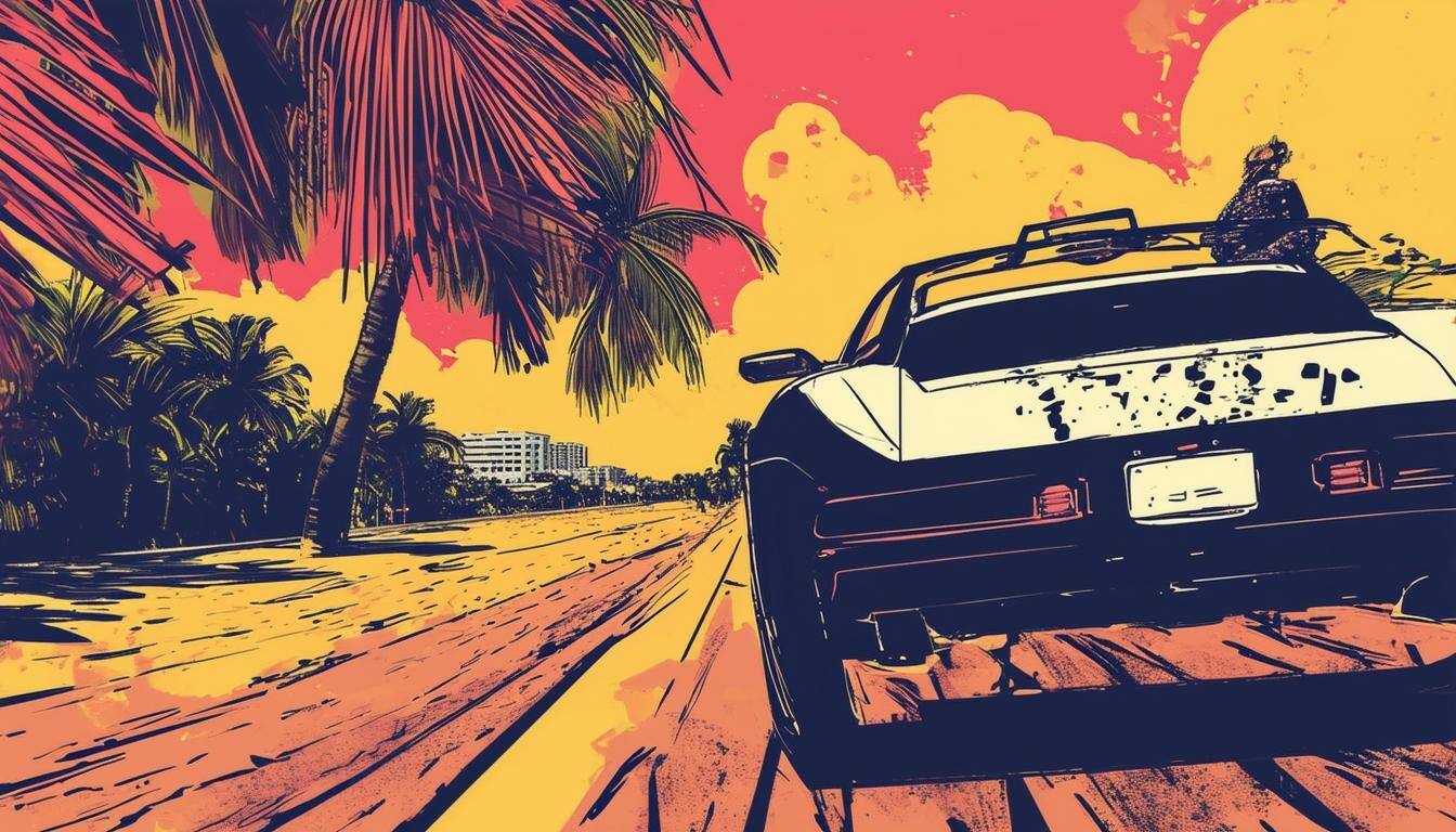 A comic-style illustration of a sports car driving down a palm-lined road at sunset, with vibrant yellow, pink, and orange skies.