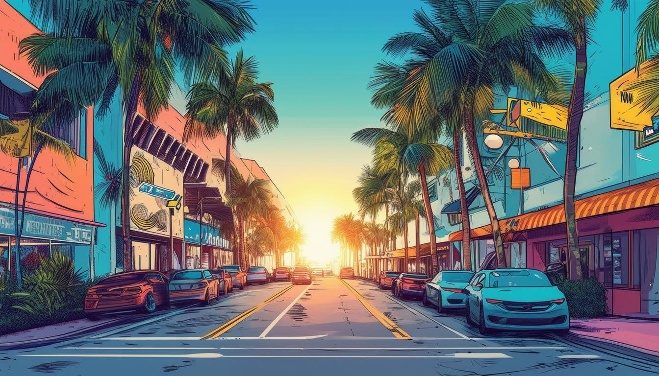 A vibrant street scene at sunset with palm trees, colorful buildings, parked cars, and a glowing sun on the horizon.