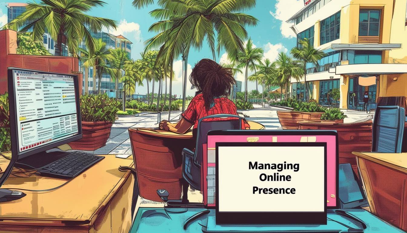 A person works outdoors on a laptop that reads Managing Online Presence, surrounded by palm trees and a sunny tropical setting.