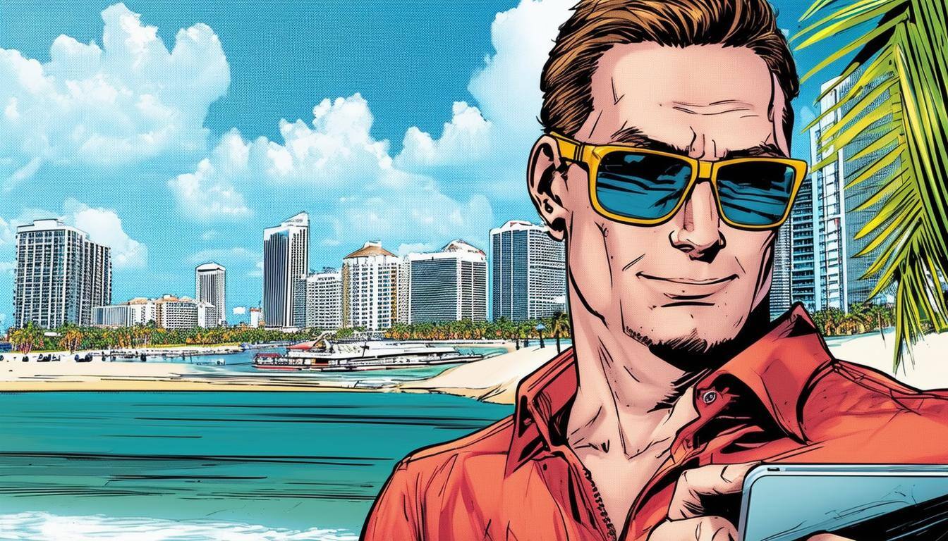 A confident man in sunglasses and a red shirt stands near a tropical waterfront, with city buildings and palm trees in the background.