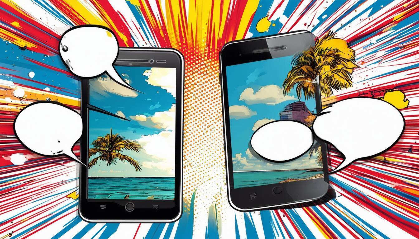 Two smartphones displaying tropical scenes with palm trees and ocean, surrounded by comic-style speech bubbles and a colorful burst.