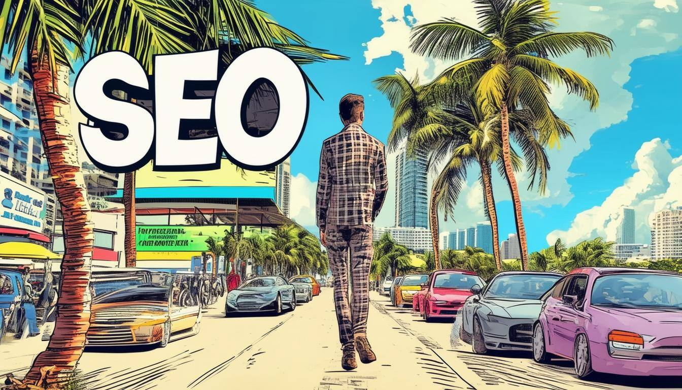 A comic-style illustration of a man in a patterned suit walking down a sunny street lined with palm trees, cars, and a bold SEO text.