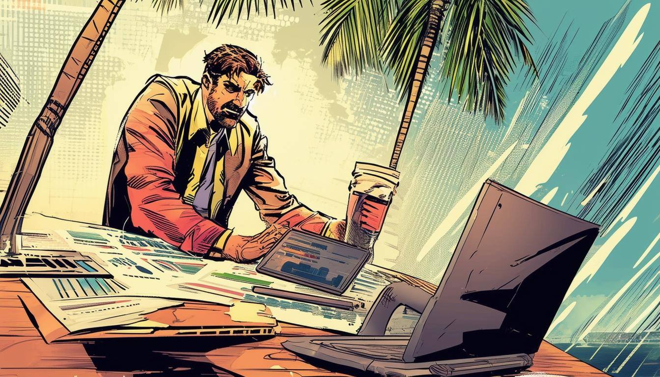 A comic-style illustration of a man working on multiple laptops at an outdoor desk, surrounded by charts, coffee, and palm trees.