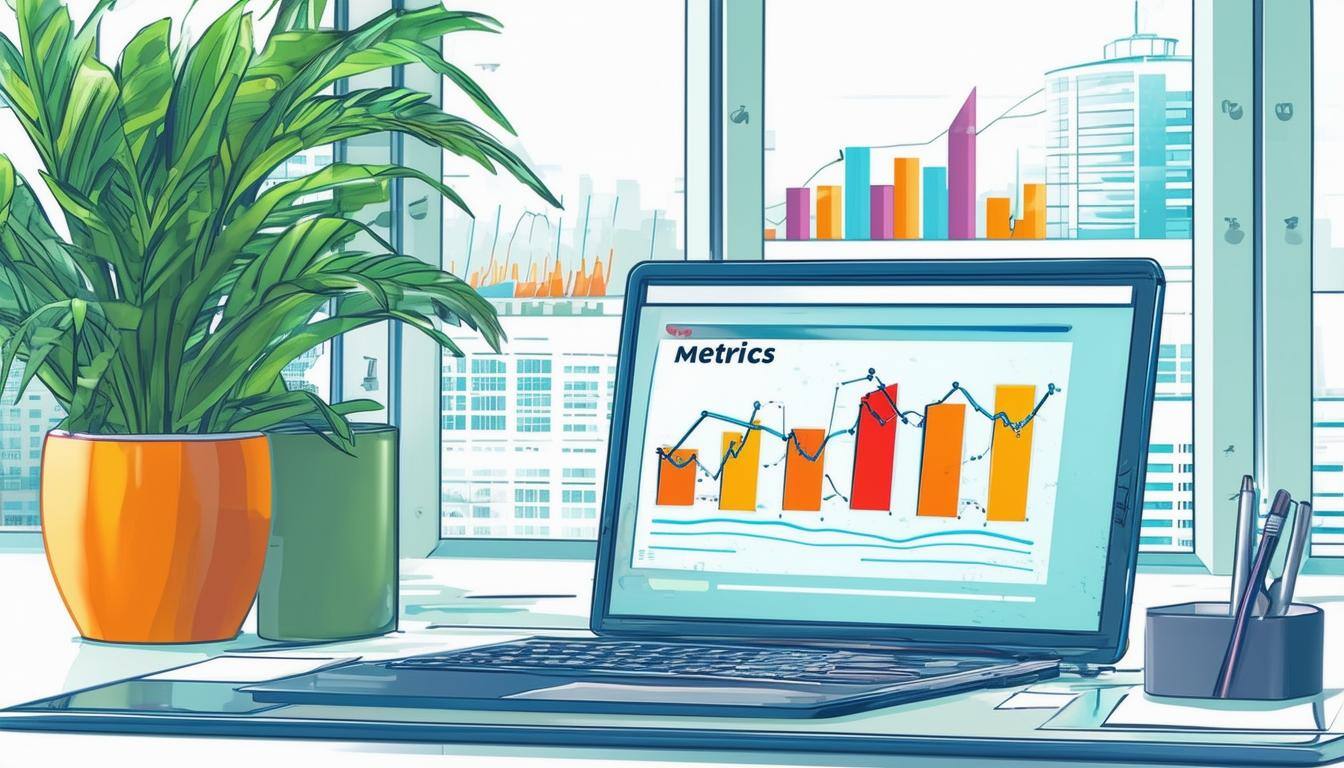 A laptop displaying colorful bar graph analytics labeled metrics, set on a desk with a plant, against a backdrop of city buildings.