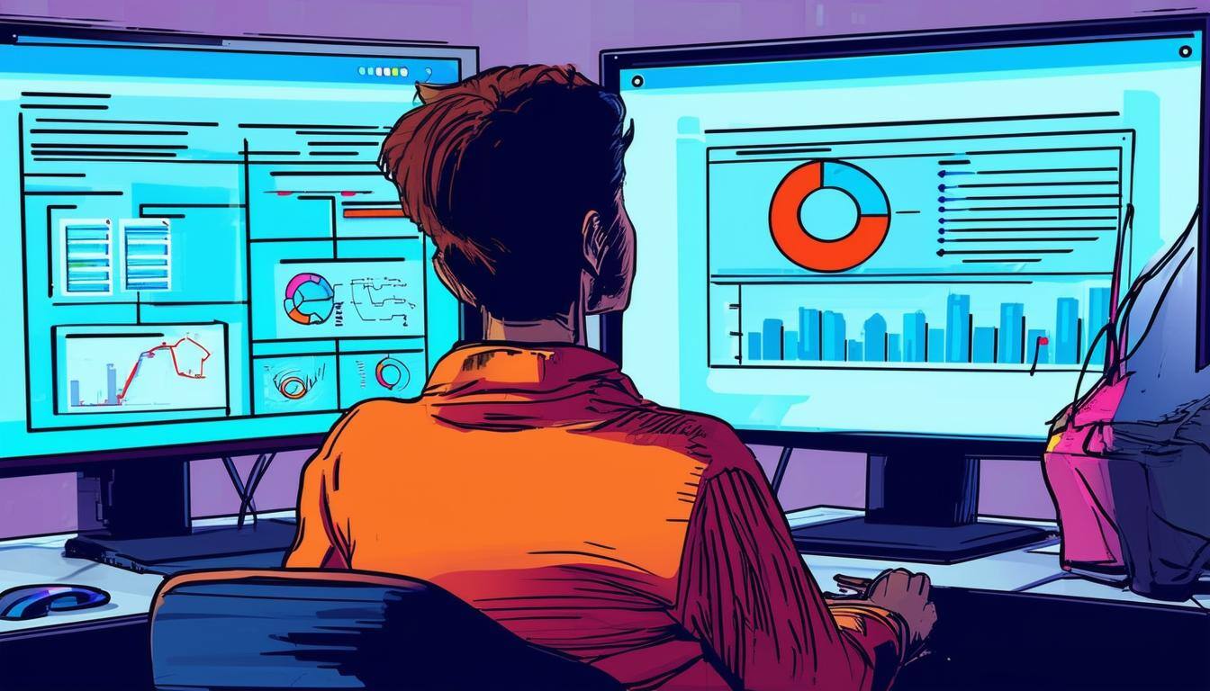 A person sitting at a desk analyzing data on dual monitors, displaying graphs, charts, and analytics in a colorful, illustrated style.