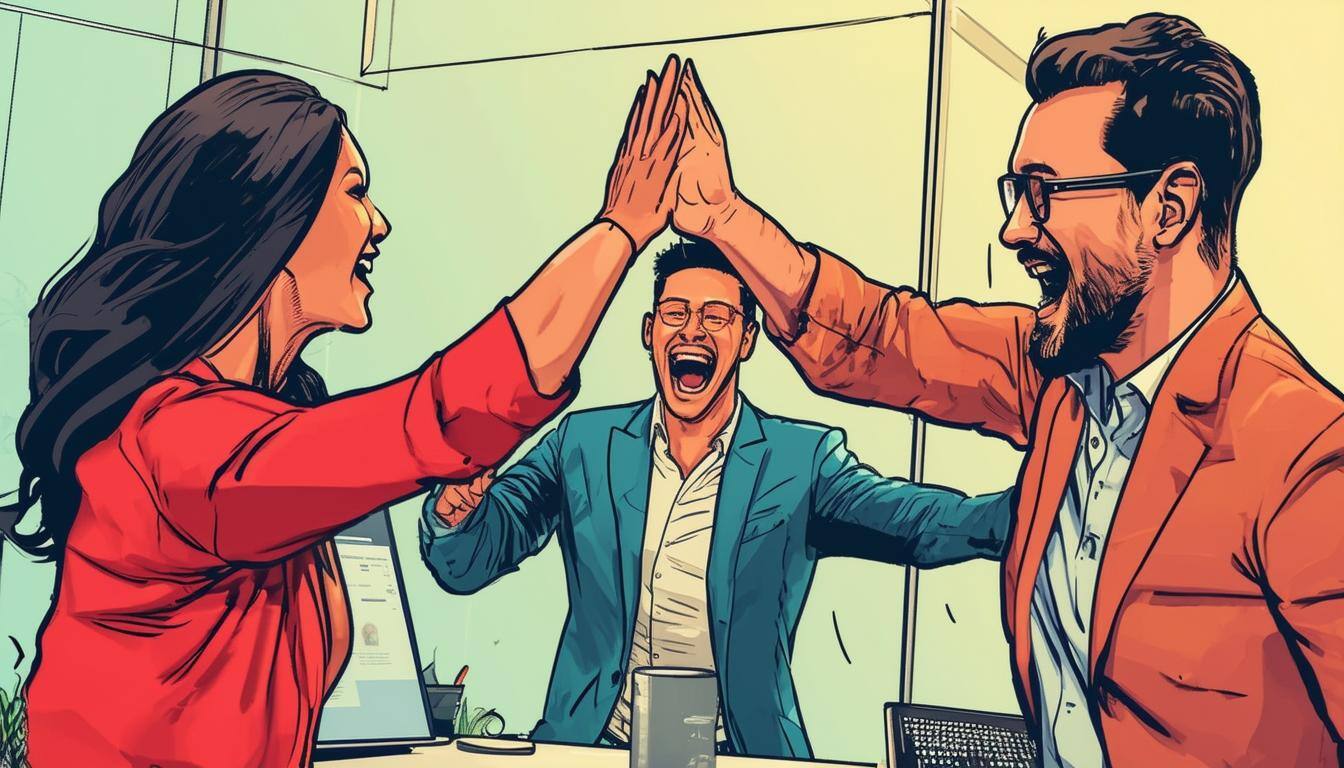 Three colleagues in a lively office setting celebrating a success, with two giving a high-five while another cheers enthusiastically.