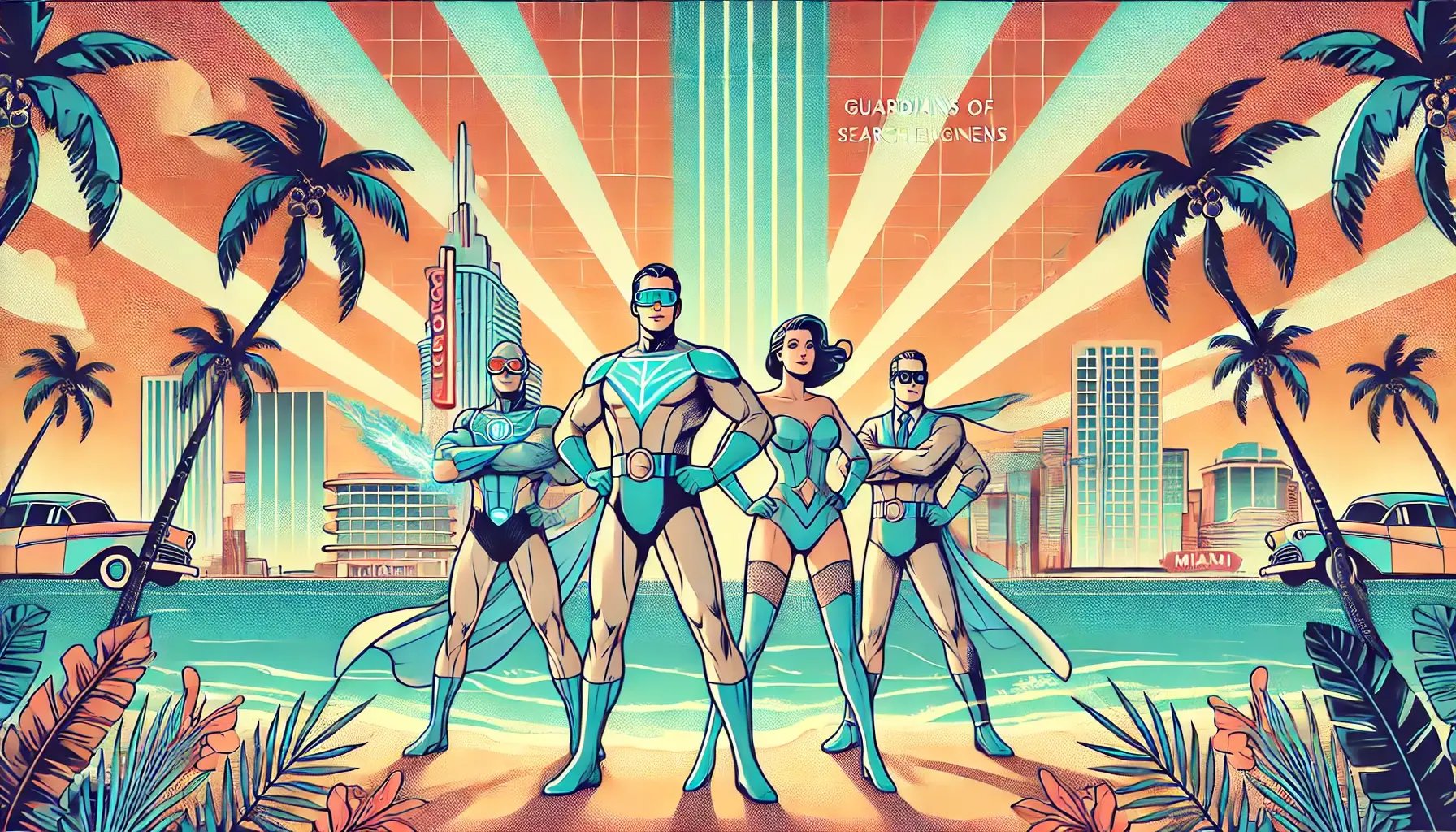 A comic-style illustration of superheroes titled Guardians of Search Engines, set in a retro Miami backdrop with palm trees and skyscrapers.