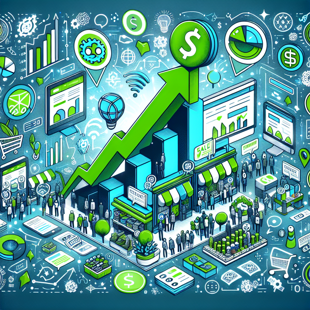 Create an image of a bustling digital marketplace, coated in cool shades of blues and greens to reflect the Shopify theme. The marketplace is full of vibrantly illustrated e-commerce elements such as online shopping carts, product images, sale tags, dollar signs, search icons, and graphs symbolizing sales metrics. In the center, depict a large upward arrow, symbolizing increased sales and conversions. Plan this in a way to denote positivity, growth, and the successful implementation of effective strategies.